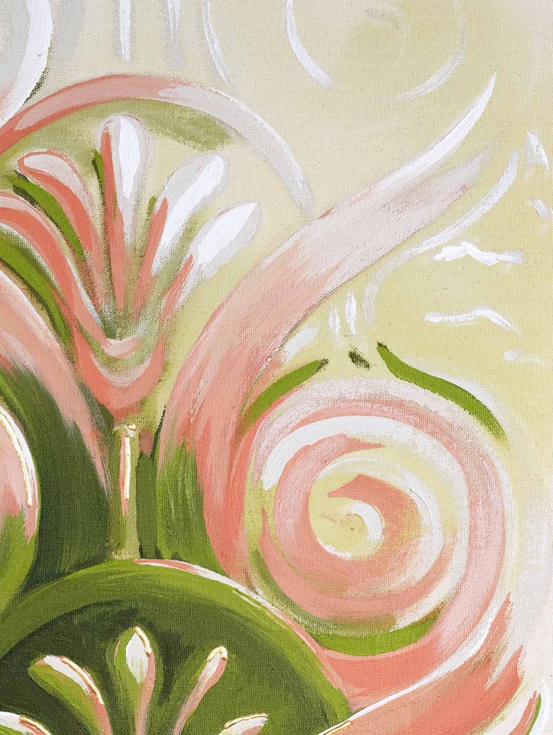 detail view - "Dissipate" is a pink, olive green and cream colored painting of a classical architectural detail by Teale Hatheway