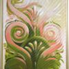 framed view - "Dissipate" is a pink, olive green and cream colored painting of a classical architectural detail by Teale Hatheway