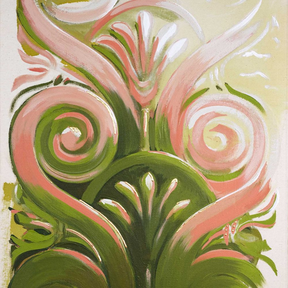 "Dissipate" is a pink, olive green and cream colored painting of a classical architectural detail by Teale Hatheway