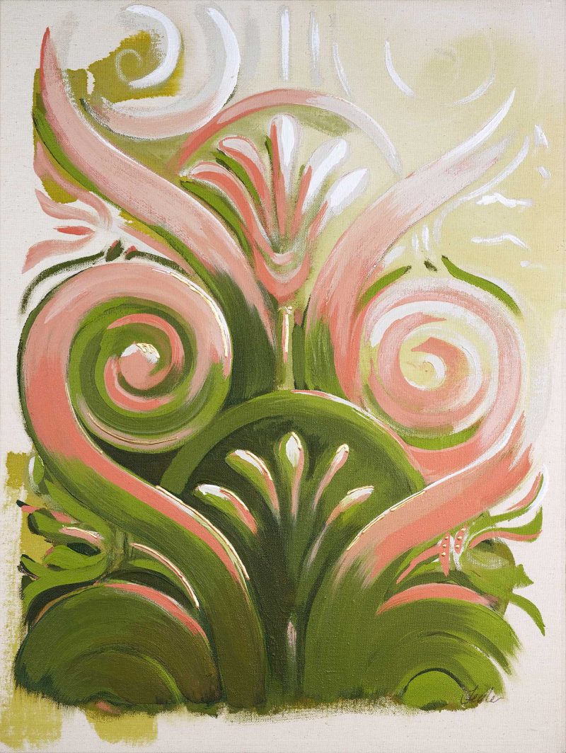 "Dissipate" is a pink, olive green and cream colored painting of a classical architectural detail by Teale Hatheway