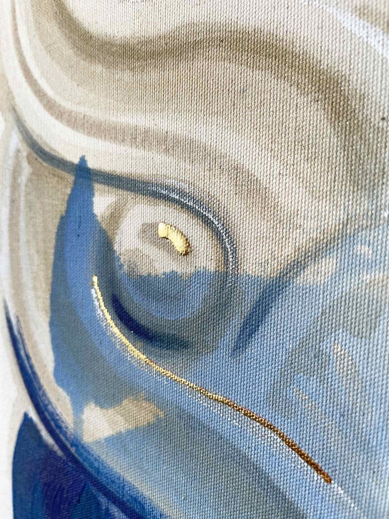 detail view - "Dream State" is a blue, white and cream colored painting of a classical architectural detail by Teale Hatheway