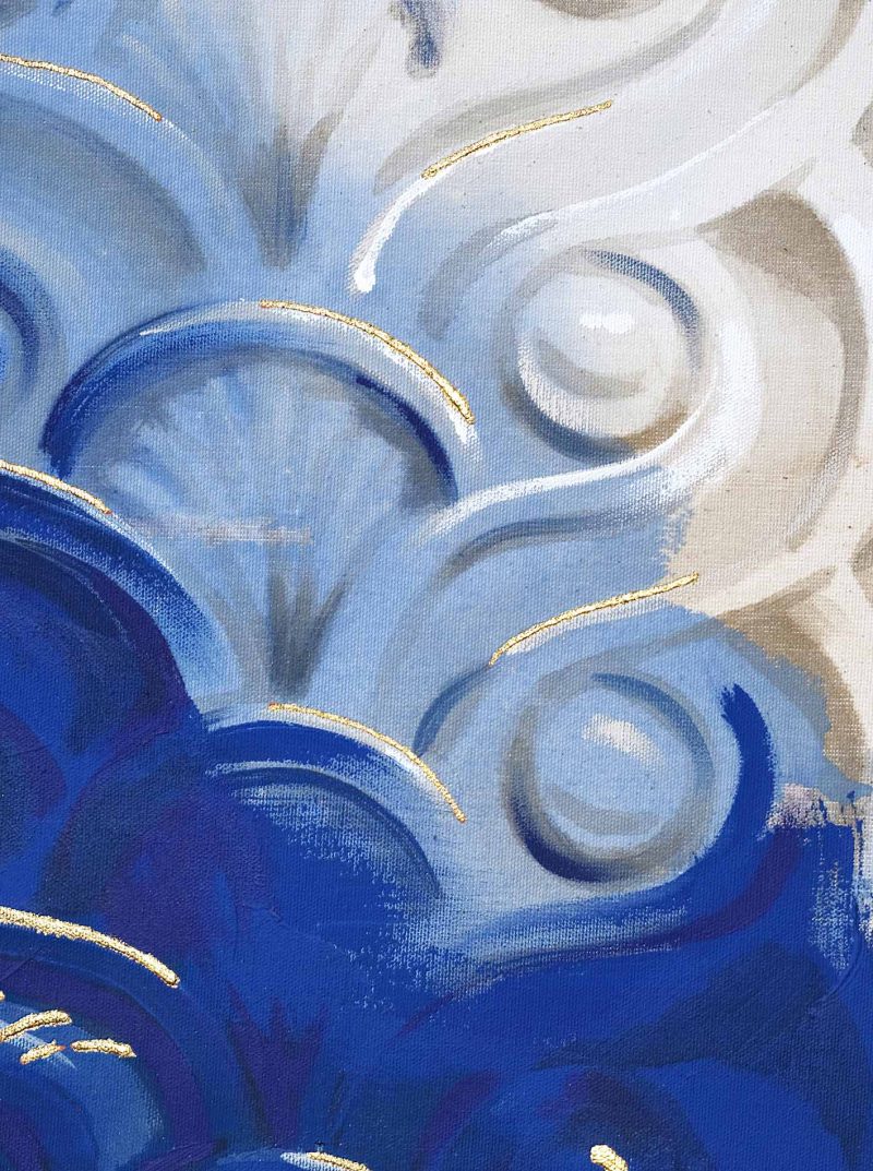detail "Dream State" is a blue, white and cream colored painting of a classical architectural detail