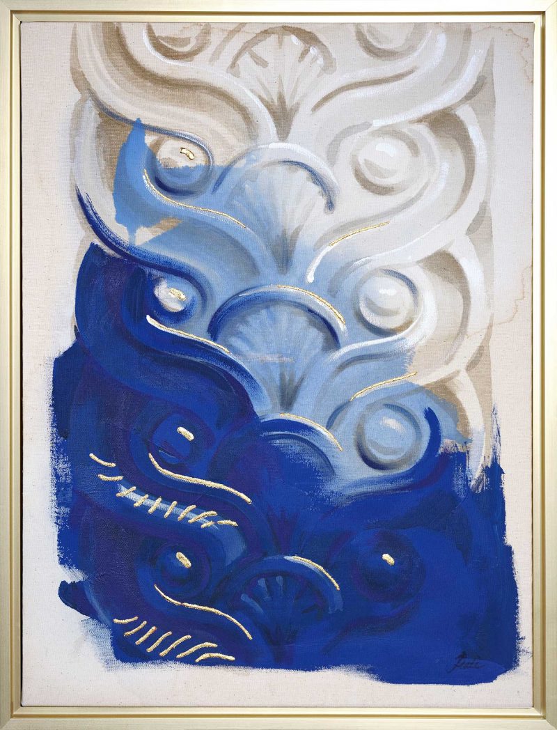 framed "Dream State" is a blue, white and cream colored painting of a classical architectural detail by Teale Hatheway
