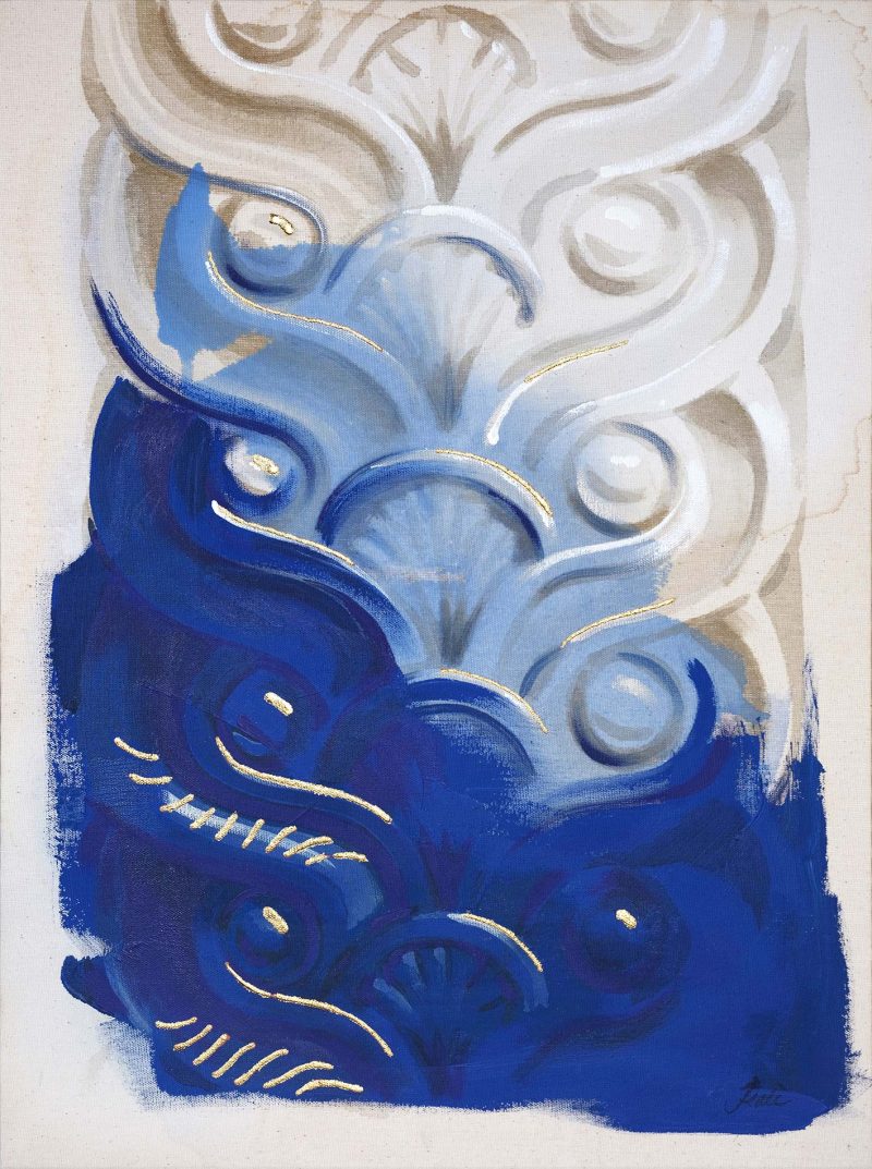 "Dream State" is a blue, white and cream colored painting of a classical architectural detail