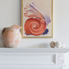 installation view - "Furl" is a coral orange, lavender, and cream colored painting of a classical architectural detail by Teale Hatheway