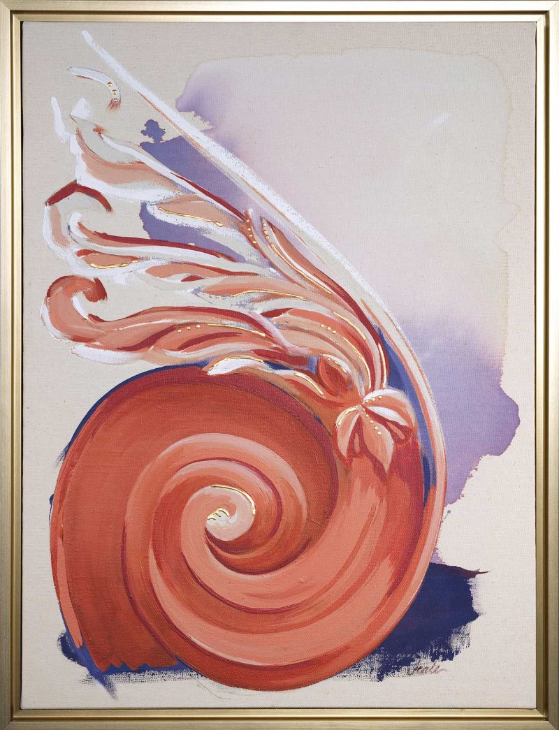 framed view - "Furl" is a coral orange, lavender, and cream colored painting of a classical architectural detail by Teale Hatheway