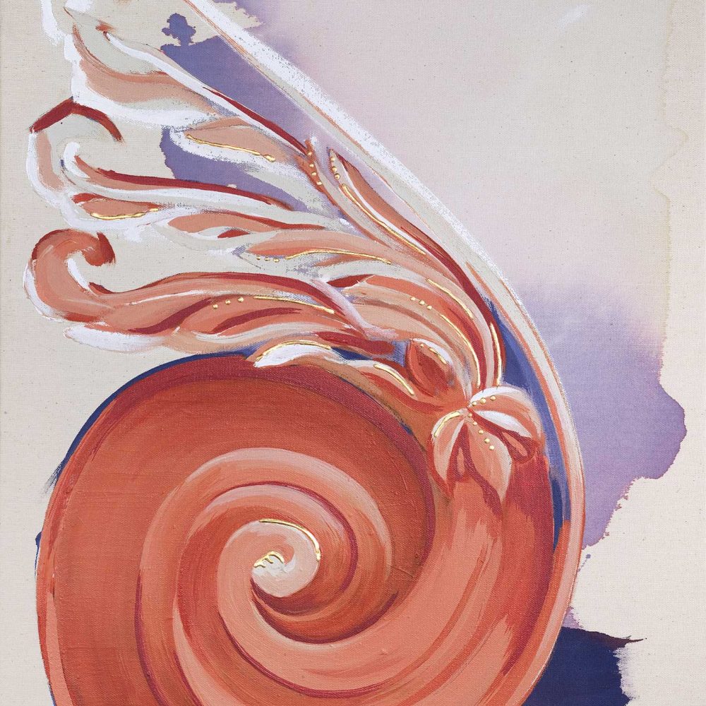 "Furl" is a coral orange, lavender, and cream colored painting of a classical architectural detail by Teale Hatheway