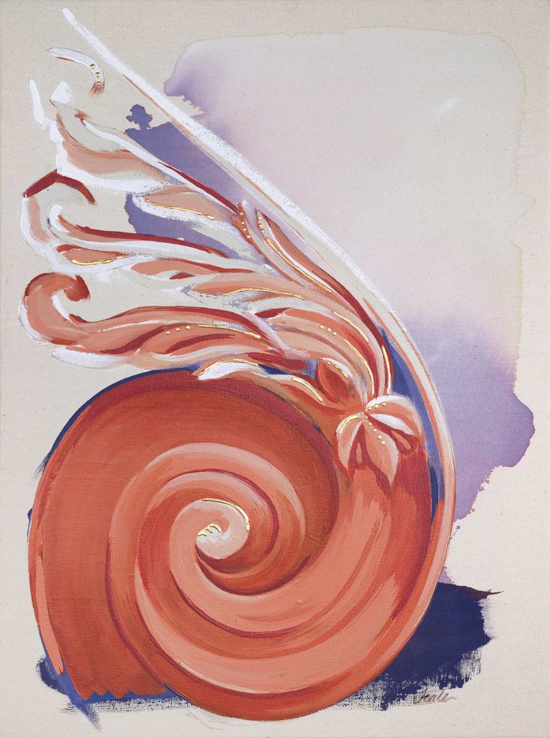 "Furl" is a coral orange, lavender, and cream colored painting of a classical architectural detail by Teale Hatheway