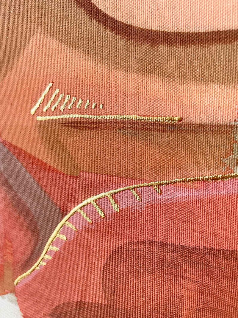 detail view - "Meander" is a coral, peach, sepia, and cream colored painting of a classical architectural detail by Teale Hatheway