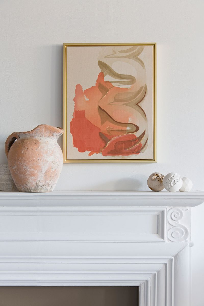 installation view - "Meander" is a coral, peach, sepia, and cream colored painting of a classical architectural detail by Teale Hatheway