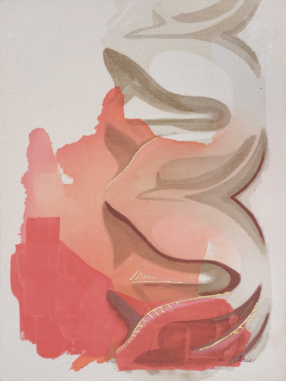 "Meander" is a coral, peach, sepia, and cream colored painting of a classical architectural detail by Teale Hatheway