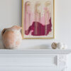 installation view - "Reflection" is a magenta, pink, sepia, and cream colored painting of a classical architectural detail by Teale Hatheway