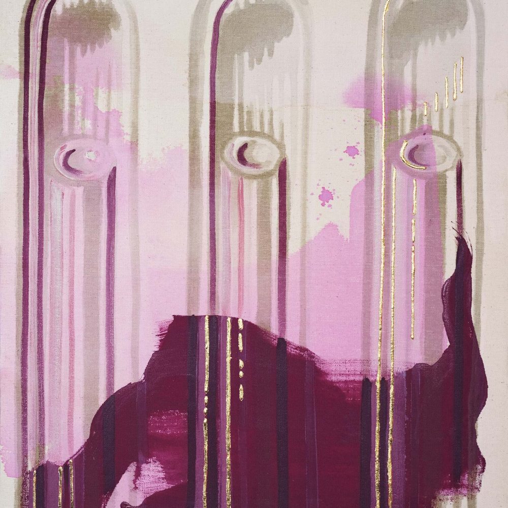 "Reflection" is a magenta, pink, sepia, and cream colored painting of a classical architectural detail by Teale Hatheway