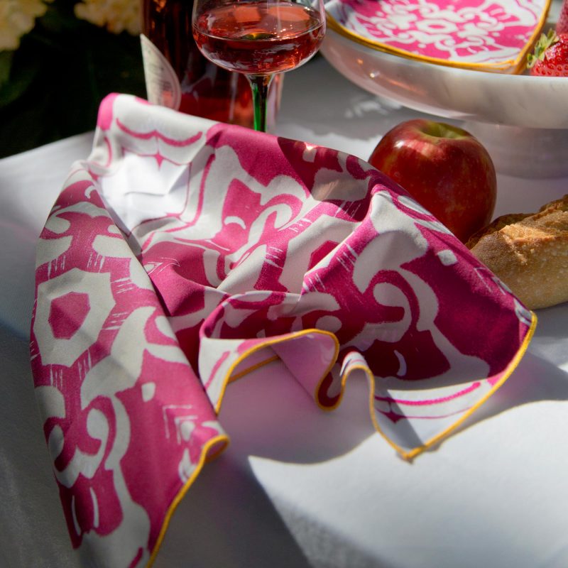 Magenta Cloth Dinner Napkins with yellow trim for fun summer entertaining
