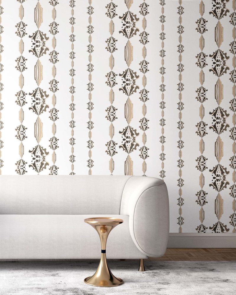 CHARLIE • neutral, WHITE FLORAL STRIPE WALLPAPER