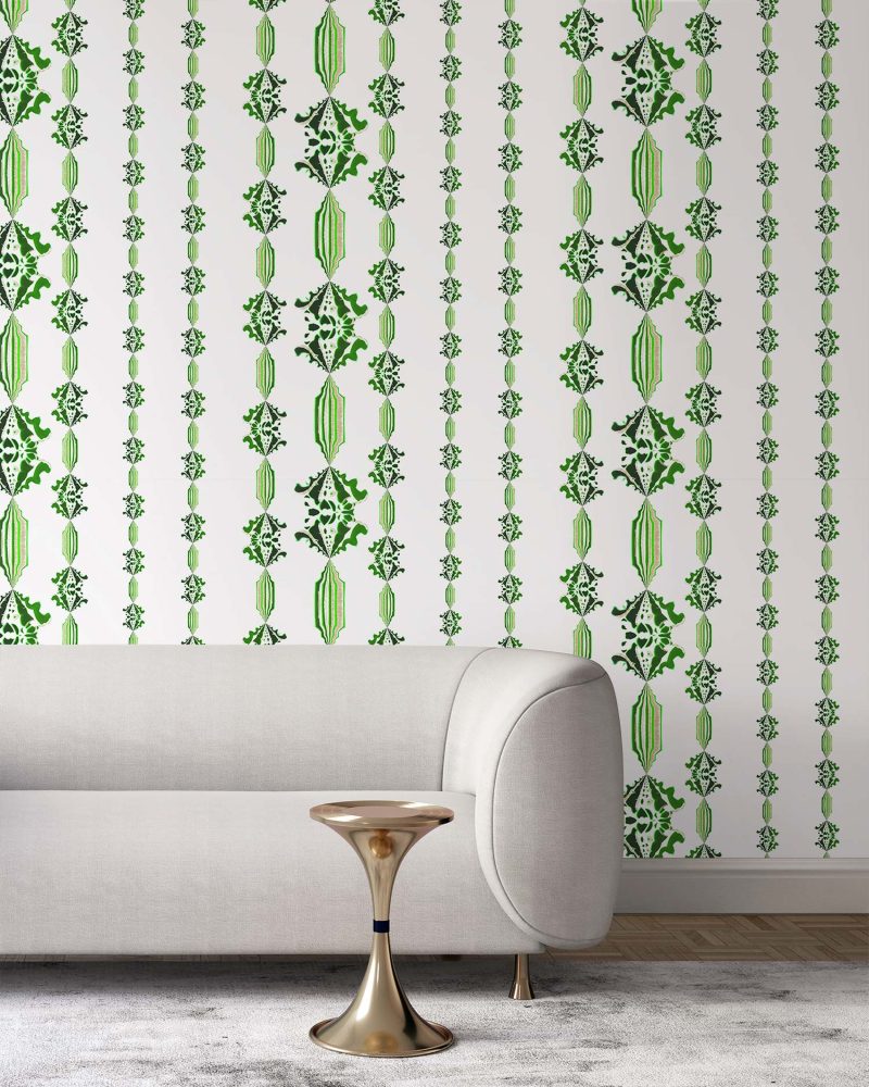 CHARLIE • EMERALD GREEN, WHITE FLORAL STRIPE WALLPAPER