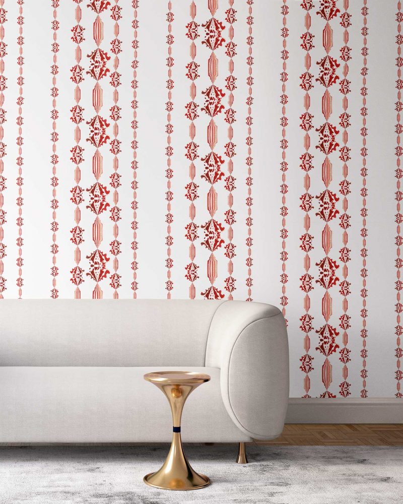 CHARLIE • ruby red, WHITE FLORAL STRIPE WALLPAPER