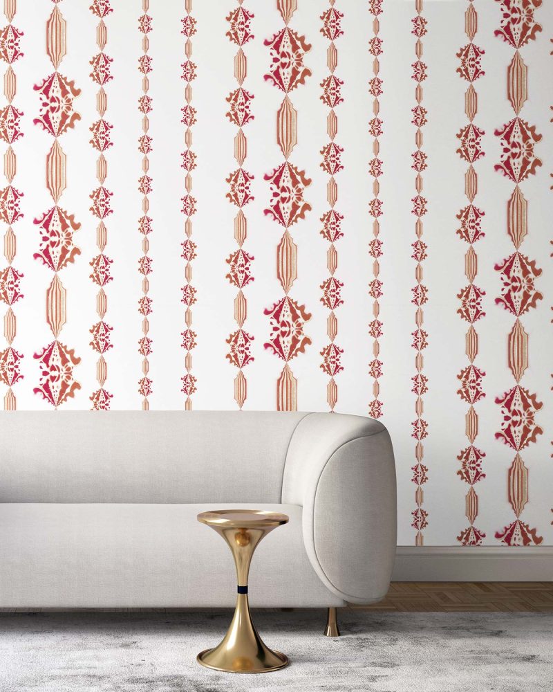 CHARLIE • ruby red, WHITE FLORAL STRIPE WALLPAPER