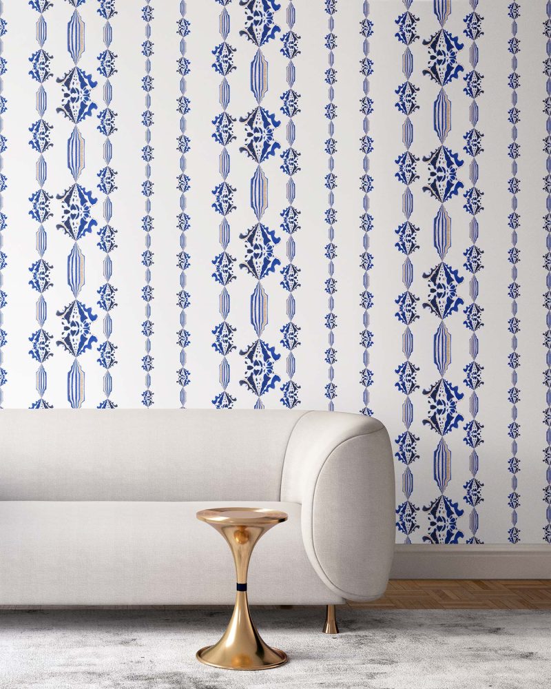 CHARLIE • sapphire blue, WHITE FLORAL STRIPE WALLPAPER