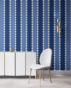 Lou in navy blue and white is a unique striped wallpaper designed for fun, luxurious interiors. Design - Lou by Pearl and Maude. wallpaper comes untrimmed
