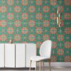 Mallorca in turquoise and coral is a modern take on Spanish tile design. It is a colorful luxury wallpaper designed in Los Angeles. Design - Mallorca by Pearl and Maude. wallpaper comes untrimmed.