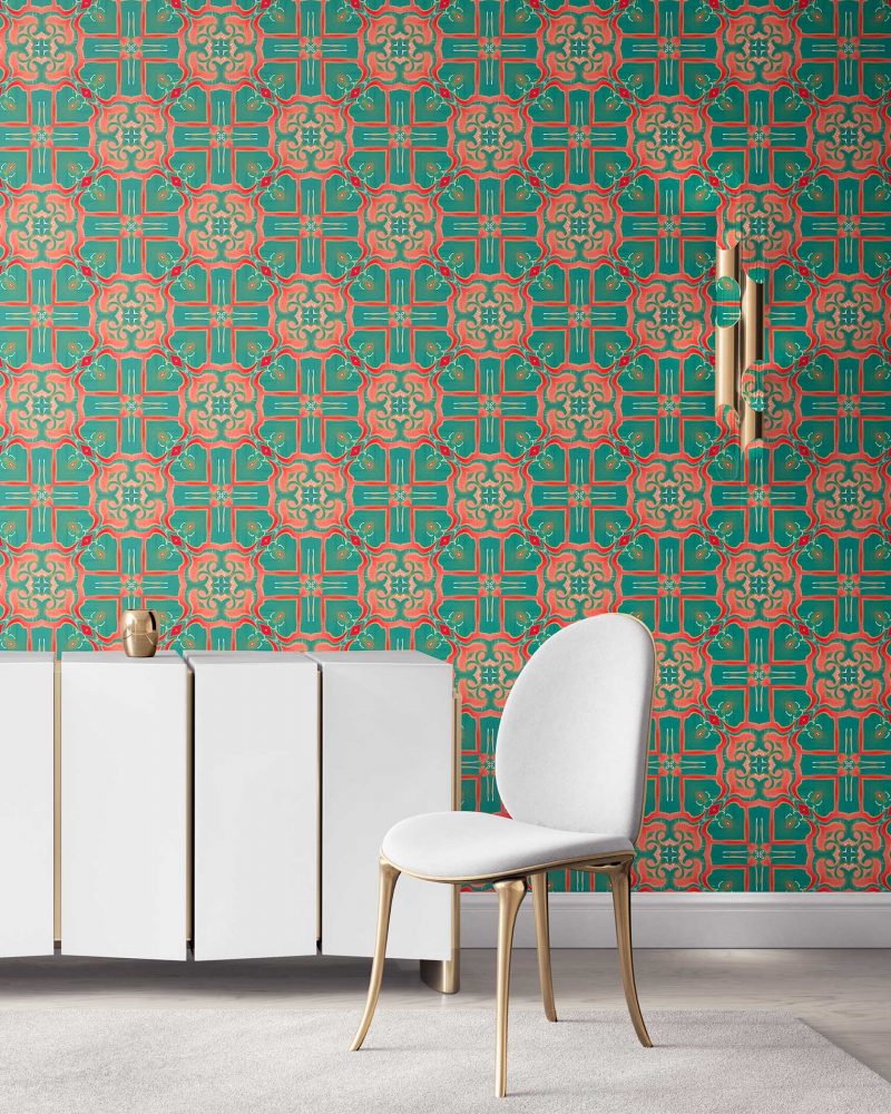 Mallorca in turquoise and coral is a modern take on Spanish tile design. It is a colorful luxury wallpaper designed in Los Angeles. Design - Mallorca by Pearl and Maude. wallpaper comes untrimmed.