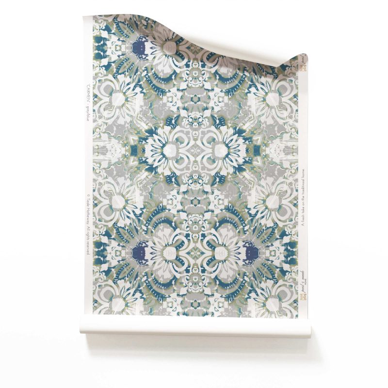 Blue Floral Wallpaper - Carmen Inlay in grey, white and blue by Pearl and Maude