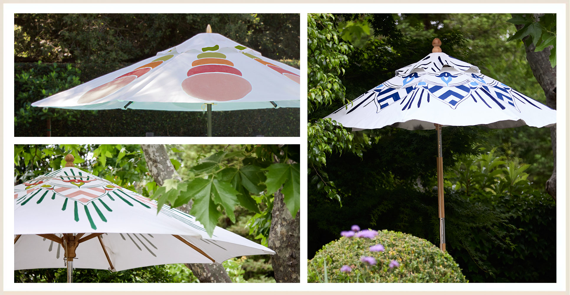 unique patio umbrella by the pool, painted by pearl and maude perfect for outdoor entertaining, pool parties and summer fun in the garden, fun garden furniture