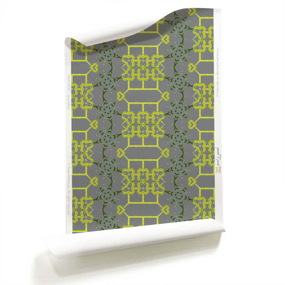 Roll of citron yellow and grey wallpaper on vellum. Design - Arachne by Pearl and Maude
