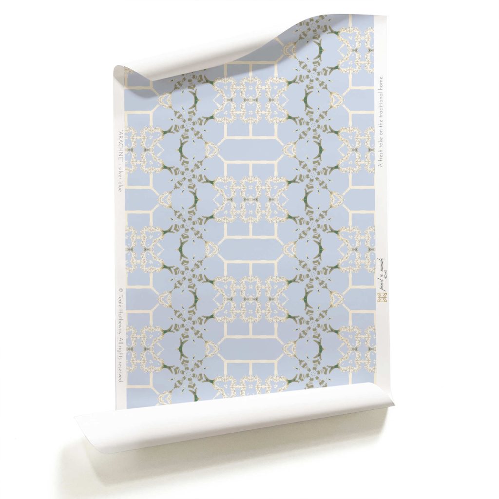 Roll of silver blue and cream colored trellis wallpaper. Design - Arachne by Pearl and Maude