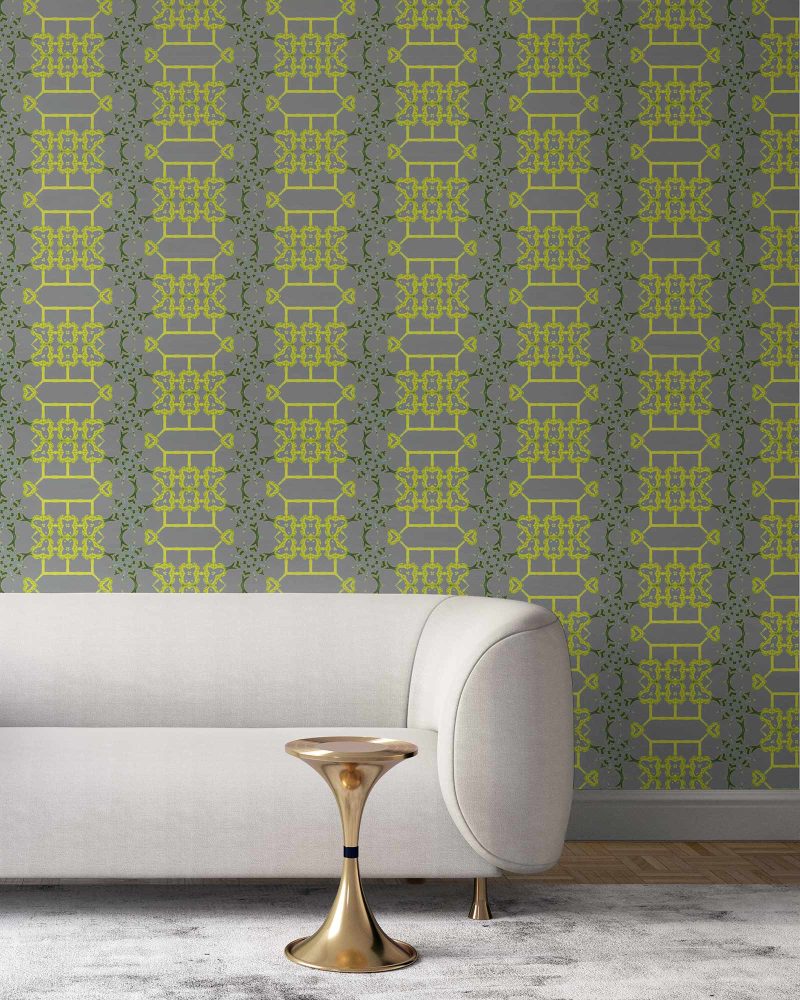 Arachne in grey and citron yellow is an artisanal wallpaper created for luxury interiors. With its lattice pattern, Arachne the perfect wallcovering for bold, traditional, but playful environments. Vellum wallpaper comes untrimmed. Standard wallpaper comes pre-pasted.