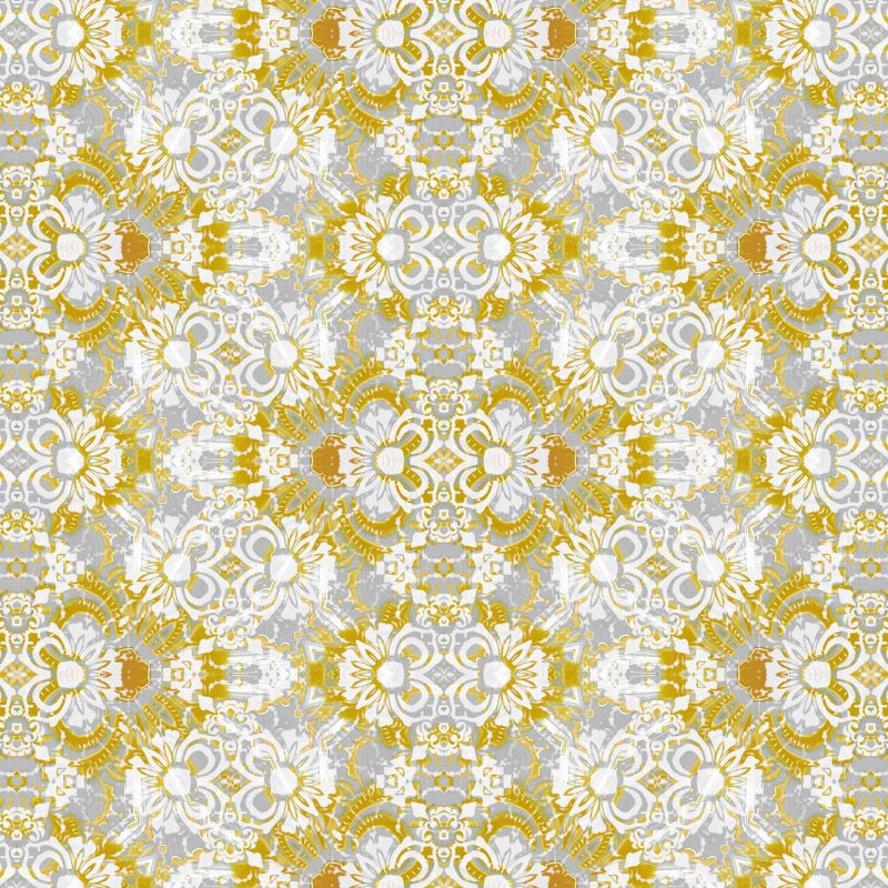 Pearl & Maude's abstract floral Carmen wallpaper in daisy yellow and grey