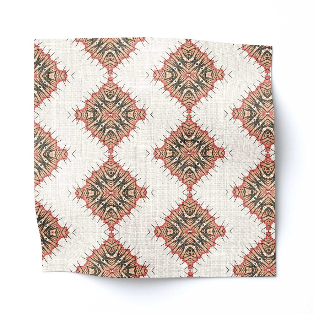 a swatch of Desert Diamonds Apricot Diamond Patterned linen fabric in a medium size scale is a pretty, abstract linen fabric, perfect for draperies