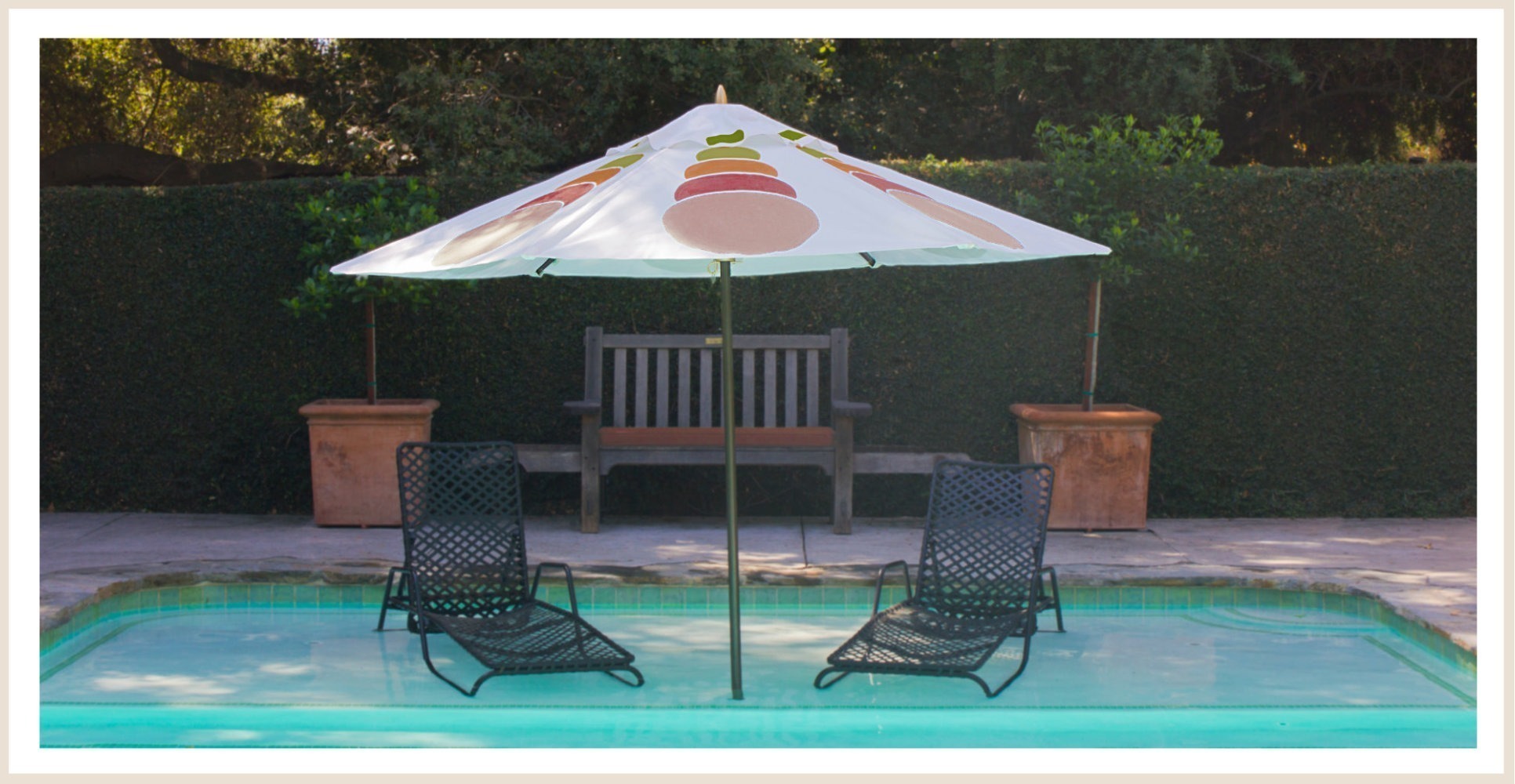 unique patio umbrella by the pool, painted by pearl and maude perfect for outdoor entertaining, pool parties and summer fun in the garden, fun garden furniture