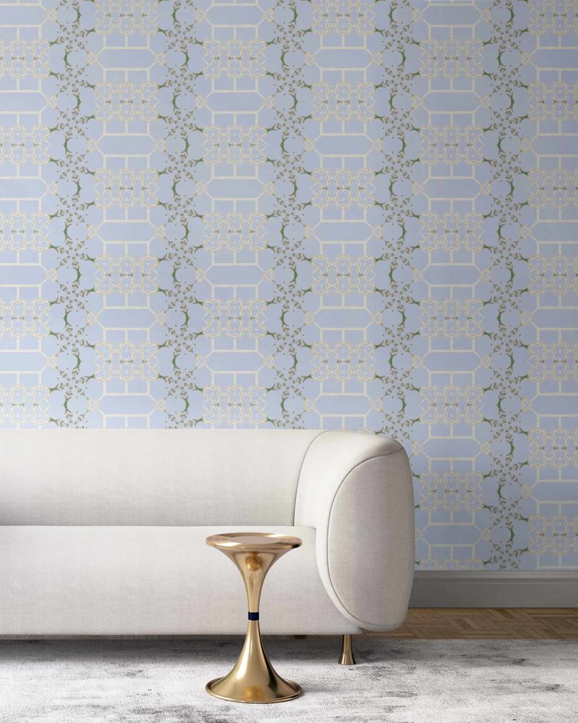Room wallpapered in silver blue and cream colored trellis wallpaper. Design - Arachne by Pearl and Maude