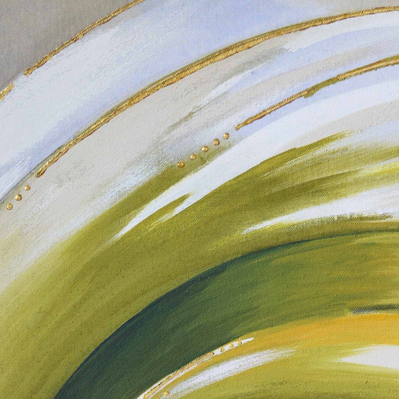 Detail photograph of Furl No 2 - Architectural Detail painting in green, white, yellow acrylic and gold leaf, by Teale Hatheway
