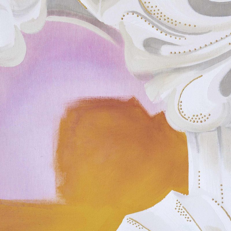 Detail photograph of Meander No 2 - Architectural Detail painting in pink, white and yellow acrylic and gold leaf, by Teale Hatheway