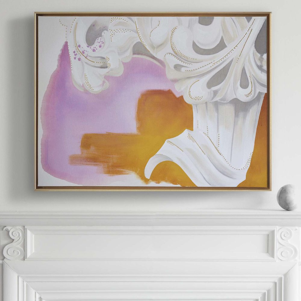 Meander No 2 - Landscape painting installed over fireplace mantel - Architectural Detail painting in pink, white and yellow acrylic and gold leaf, by Teale Hatheway