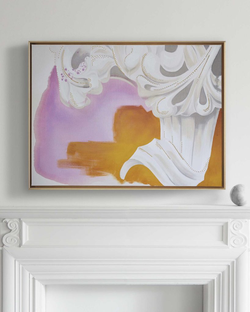 Meander No 2 - Landscape painting installed over fireplace mantel - Architectural Detail painting in pink, white and yellow acrylic and gold leaf, by Teale Hatheway
