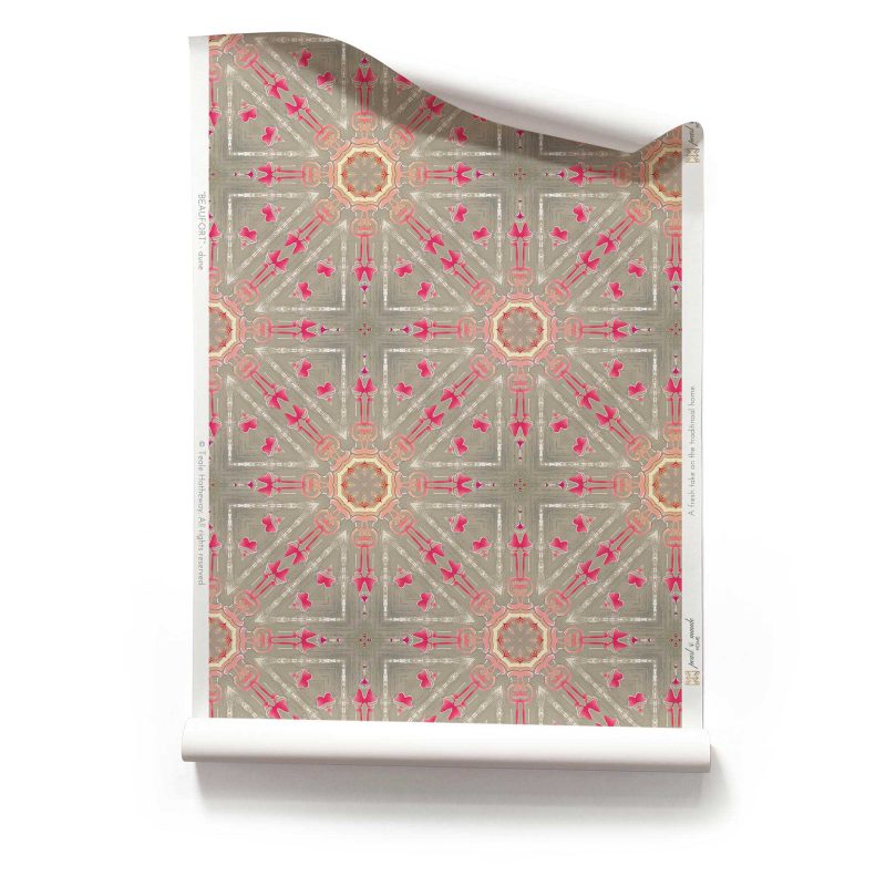 A roll of Beaufort Sunburst Pattern Wallpaper in the Boardwalk colorway of brown and magenta