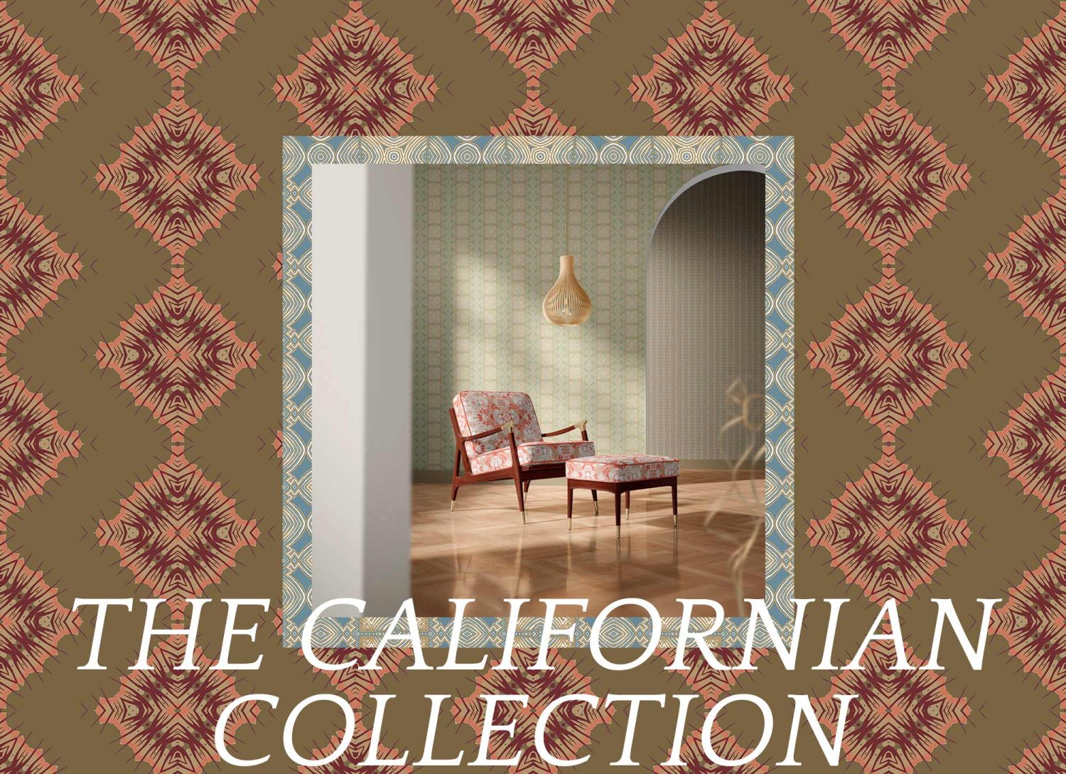 New wallpaper and fabric collection from Pearl and Maude, based on a California feeling. A diamond pattern on a brown background, a chair upholstered in a rust floral fabric and green tile wallpaper in a restful sitting room