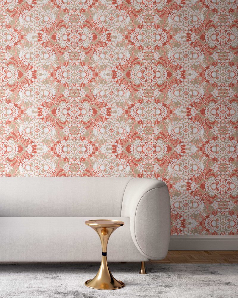 Carmen Inlay wallpaper in Redwood colorway installed in a living room. It is an abstract floral pattern in rust red and sandy brown.