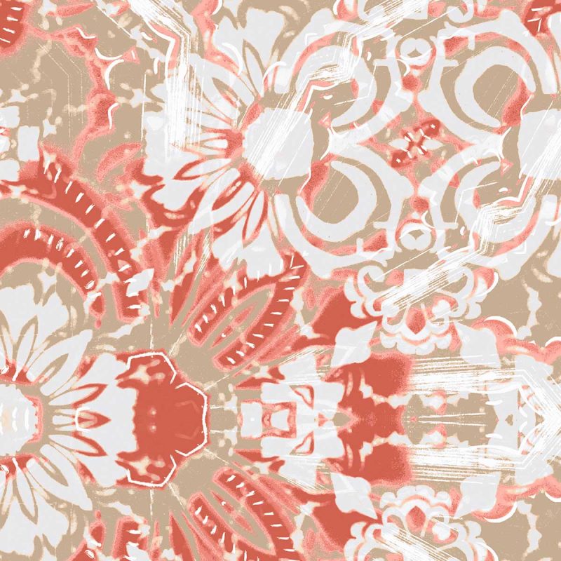 detail of pattern Carmen Inlay abstract floral wallpaper and fabric showing red brown and white colors in the Redwood colorway.