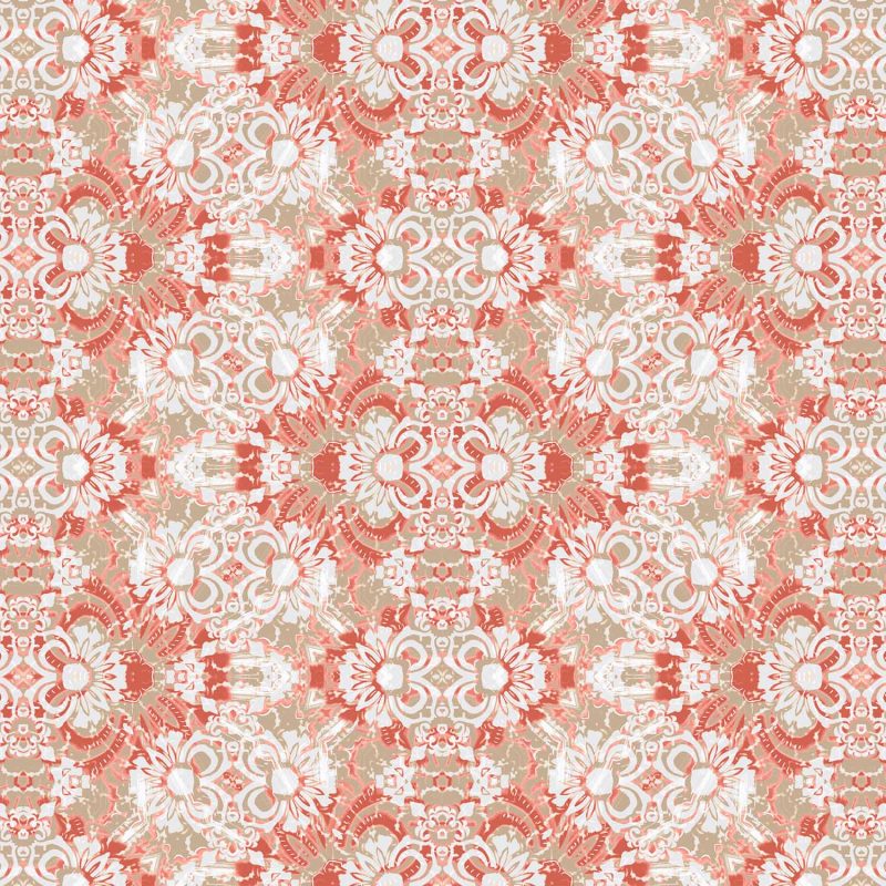 repeat pattern of Carmen Inlay abstract floral wallpaper and fabric showing red brown and white colors in the Redwood colorway.