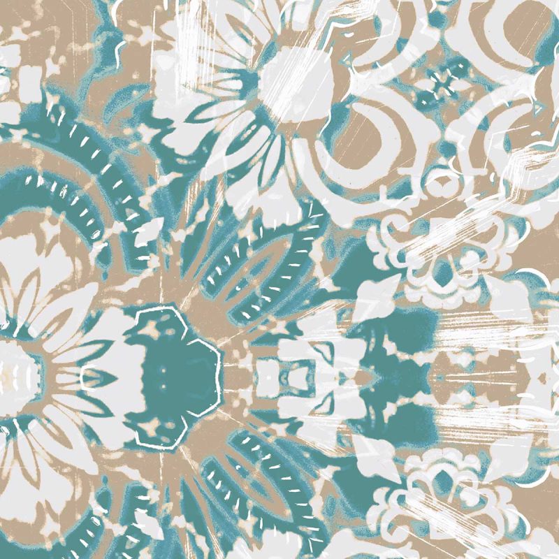 detail of Carmen Inlay abstract floral wallpaper and fabric pattern showing blue brown and white colors in the Surf colorway.