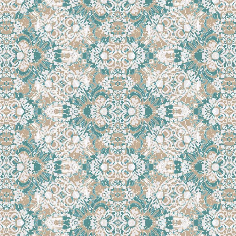 repeat pattern of Carmen Inlay abstract floral wallpaper and fabric showing blue brown and white colors in the Surf colorway.