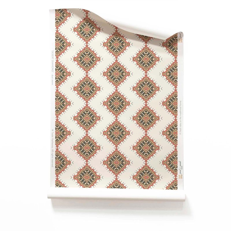 Desert Diamonds Apricot Diamond Patterned Wallpaper in a medium size scale is a pretty, abstract wallcovering