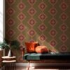 Classic Paper Wallpaper - Desert-Diamonds-Drab-Large-Diamond-Wallpaper-brown-and-pink_in-lving-room-with-setee The California Collection of classic paper wallpaper and fabrics by Pearl & Maude features earthy neutral patterns for contemporary interior design