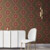 Desert-Diamonds-Drab-Large-Diamond-Wallpaper---pearl-maude-los-angeles Desert Diamonds brown and pink wallpaper installed in a living room designed with luxurious white furniture. Large sized repeat