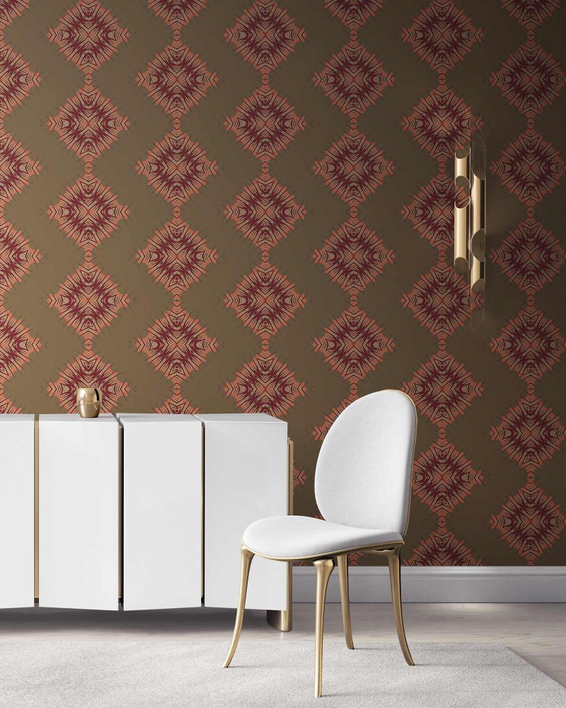 Desert Diamonds brown and pink wallpaper installed in a living room designed with luxurious white furniture. Large sized repeat
